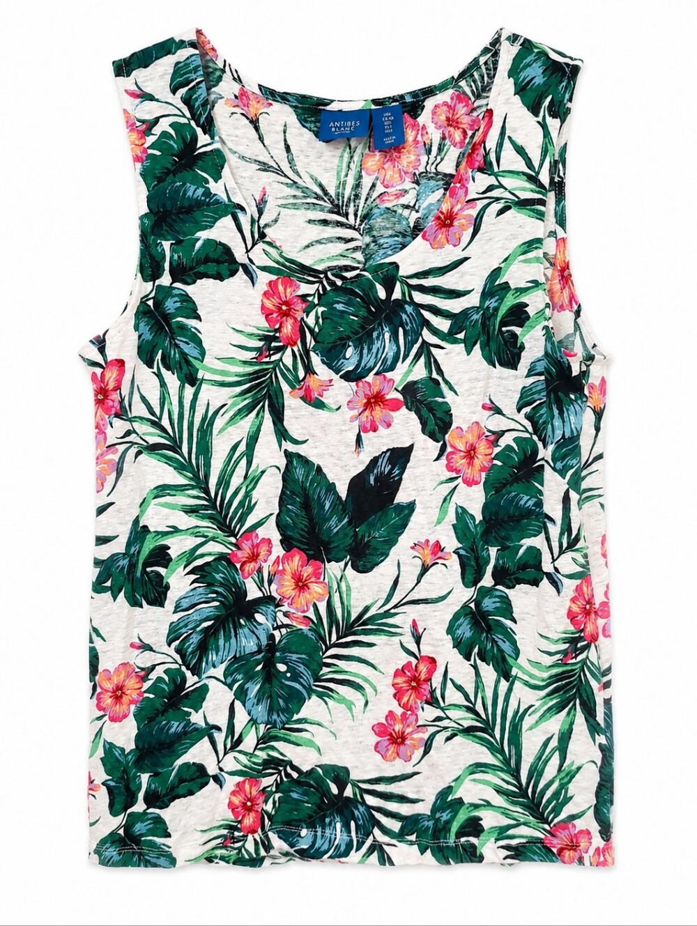 Antibes Blanc Linen Tropical Floral Sleeveless Tank Blouse Shirt Top sz L Travel